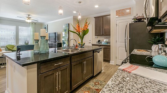 A sleek, modern kitchen with plenty of cabinet space awaits you at our brand new Artesia apartment community in Covington, LA.